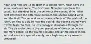 Noah and Nina are 15 m apart in a closed room. Noah says the same sentence twice. The first time, Nina does not hear the sound, but she does hear the sentence the second time. What best describes the difference between the second sound wave and the first? The second sound wave reflects off the walls of the room, so Nina is able to hear the sound. The second sound wave travels faster to Nina, so less energy is dissipated through the air. The air molecules in the compressions of the second wave are more dense, so the sound is louder. The air molecules in the second wave are spaced evenly, so a high-frequency wave is produced.