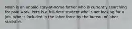 Noah is an unpaid stay-at-home father who is currently searching for paid work. Pete is a full-time student who is not looking for a job. Who is included in the labor force by the bureau of labor statistics