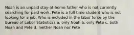 Noah is an unpaid stay-at-home father who is not currently searching for paid work. Pete is a full-time student who is not looking for a job. Who is included in the labor force by the Bureau of Labor Statistics? a. only Noah b. only Pete c. both Noah and Pete d. neither Noah nor Pete