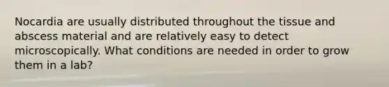Nocardia are usually distributed throughout the tissue and abscess material and are relatively easy to detect microscopically. What conditions are needed in order to grow them in a lab?