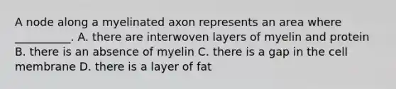 A node along a myelinated axon represents an area where __________. A. there are interwoven layers of myelin and protein B. there is an absence of myelin C. there is a gap in the cell membrane D. there is a layer of fat