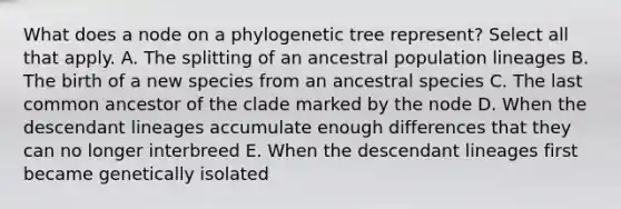 What does a node on a phylogenetic tree represent? Select all that apply. A. The splitting of an ancestral population lineages B. The birth of a new species from an ancestral species C. The last common ancestor of the clade marked by the node D. When the descendant lineages accumulate enough differences that they can no longer interbreed E. When the descendant lineages first became genetically isolated