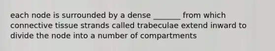 each node is surrounded by a dense _______ from which connective tissue strands called trabeculae extend inward to divide the node into a number of compartments