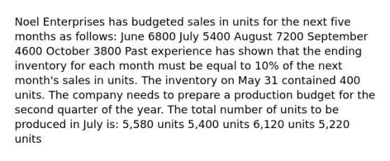 Noel Enterprises has budgeted sales in units for the next five months as follows: June 6800 July 5400 August 7200 September 4600 October 3800 Past experience has shown that the ending inventory for each month must be equal to 10% of the next month's sales in units. The inventory on May 31 contained 400 units. The company needs to prepare a production budget for the second quarter of the year. The total number of units to be produced in July is: 5,580 units 5,400 units 6,120 units 5,220 units