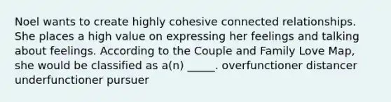 Noel wants to create highly cohesive connected relationships. She places a high value on expressing her feelings and talking about feelings. According to the Couple and Family Love Map, she would be classified as a(n) _____. overfunctioner distancer underfunctioner pursuer