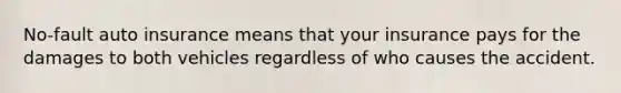 No-fault auto insurance means that your insurance pays for the damages to both vehicles regardless of who causes the accident.