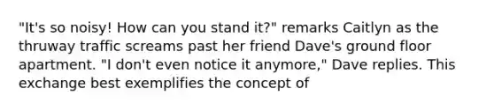 "It's so noisy! How can you stand it?" remarks Caitlyn as the thruway traffic screams past her friend Dave's ground floor apartment. "I don't even notice it anymore," Dave replies. This exchange best exemplifies the concept of