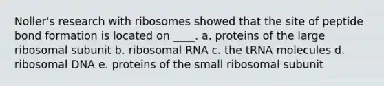 Noller's research with ribosomes showed that the site of peptide bond formation is located on ____. a. proteins of the large ribosomal subunit b. <a href='https://www.questionai.com/knowledge/k4lWAiAI7W-ribosomal-rna' class='anchor-knowledge'>ribosomal rna</a> c. the tRNA molecules d. ribosomal DNA e. proteins of the small ribosomal subunit