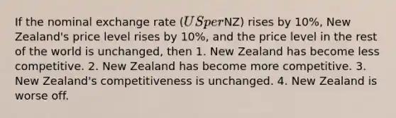 If the nominal exchange rate (US perNZ) rises by 10%, New Zealand's price level rises by 10%, and the price level in the rest of the world is unchanged, then 1. New Zealand has become less competitive. 2. New Zealand has become more competitive. 3. New Zealand's competitiveness is unchanged. 4. New Zealand is worse off.