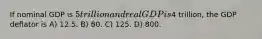 If nominal GDP is 5 trillion and real GDP is4 trillion, the GDP deflator is A) 12.5. B) 80. C) 125. D) 800.