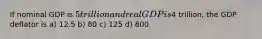 If nominal GDP is 5 trillion and real GDP is4 trillion, the GDP deflator is a) 12.5 b) 80 c) 125 d) 800