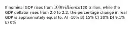 If nominal GDP rises from 100 trillion to120 trillion, while the GDP deflator rises from 2.0 to 2.2, the percentage change in real GDP is approximately equal to: A) -10% B) 15% C) 20% D) 9.1% E) 0%