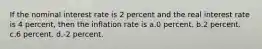 If the nominal interest rate is 2 percent and the real interest rate is 4 percent, then the inflation rate is a.0 percent. b.2 percent. c.6 percent. d.-2 percent.