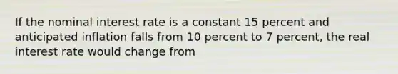 If the nominal interest rate is a constant 15 percent and anticipated inflation falls from 10 percent to 7 percent, the real interest rate would change from