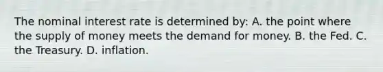 The nominal interest rate is determined by: A. the point where the supply of money meets the demand for money. B. the Fed. C. the Treasury. D. inflation.