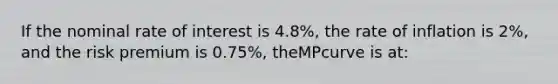 If the nominal rate of interest is 4.8%, the rate of inflation is 2%, and the risk premium is 0.75%, theMPcurve is at: