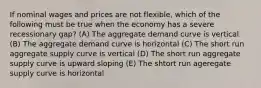 If nominal wages and prices are not flexible, which of the following must be true when the economy has a severe recessionary gap? (A) The aggregate demand curve is vertical (B) The aggregate demand curve is horizontal (C) The short run aggregate supply curve is vertical (D) The short run aggregate supply curve is upward sloping (E) The shtort run ageregate supply curve is horizontal