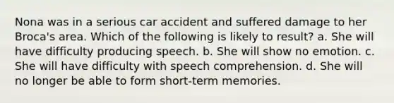 Nona was in a serious car accident and suffered damage to her Broca's area. Which of the following is likely to result? a. She will have difficulty producing speech. b. She will show no emotion. c. She will have difficulty with speech comprehension. d. She will no longer be able to form short-term memories.