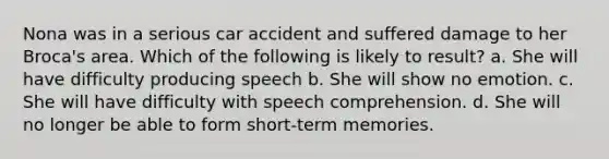 Nona was in a serious car accident and suffered damage to her Broca's area. Which of the following is likely to result? a. She will have difficulty producing speech b. She will show no emotion. c. She will have difficulty with speech comprehension. d. She will no longer be able to form short-term memories.