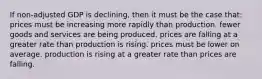 If non-adjusted GDP is declining, then it must be the case that: prices must be increasing more rapidly than production. fewer goods and services are being produced. prices are falling at a greater rate than production is rising. prices must be lower on average. production is rising at a greater rate than prices are falling.