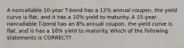 A noncallable 10-year T-bond has a 12% annual coupon, the yield curve is flat, and it has a 10% yield to maturity. A 15-year noncallable T-bond has an 8% annual coupon, the yield curve is flat, and is has a 10% yield to maturity. Which of the following statements is CORRECT?