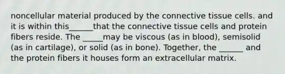 noncellular material produced by the connective tissue cells. and it is within this______that the connective tissue cells and protein fibers reside. The _____may be viscous (as in blood), semisolid (as in cartilage), or solid (as in bone). Together, the ______ and the protein fibers it houses form an extracellular matrix.