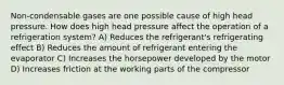 Non-condensable gases are one possible cause of high head pressure. How does high head pressure affect the operation of a refrigeration system? A) Reduces the refrigerant's refrigerating effect B) Reduces the amount of refrigerant entering the evaporator C) Increases the horsepower developed by the motor D) Increases friction at the working parts of the compressor