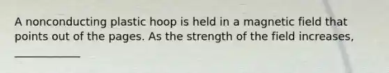 A nonconducting plastic hoop is held in a magnetic field that points out of the pages. As the strength of the field increases, ____________