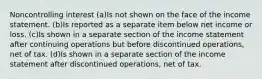 Noncontrolling interest (a)Is not shown on the face of the income statement. (b)Is reported as a separate item below net income or loss. (c)Is shown in a separate section of the income statement after continuing operations but before discontinued operations, net of tax. (d)Is shown in a separate section of the income statement after discontinued operations, net of tax.