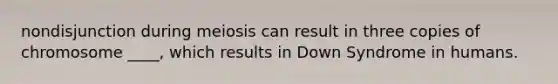 nondisjunction during meiosis can result in three copies of chromosome ____, which results in Down Syndrome in humans.