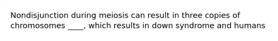 Nondisjunction during meiosis can result in three copies of chromosomes ____, which results in down syndrome and humans