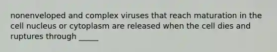 nonenveloped and complex viruses that reach maturation in the cell nucleus or cytoplasm are released when the cell dies and ruptures through _____