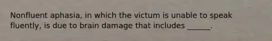 Nonfluent aphasia, in which the victum is unable to speak fluently, is due to brain damage that includes ______.