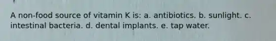 A non-food source of vitamin K is: a. ​antibiotics. b. ​sunlight. c. ​intestinal bacteria. d. ​dental implants. e. ​tap water.