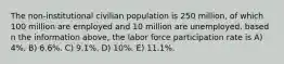 The non-institutional civilian population is 250 million, of which 100 million are employed and 10 million are unemployed. based n the information above, the labor force participation rate is A) 4%. B) 6.6%. C) 9.1%. D) 10%. E) 11.1%.