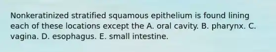 Nonkeratinized stratified squamous epithelium is found lining each of these locations except the A. oral cavity. B. pharynx. C. vagina. D. esophagus. E. small intestine.