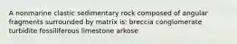 A nonmarine clastic sedimentary rock composed of angular fragments surrounded by matrix is: breccia conglomerate turbidite fossiliferous limestone arkose