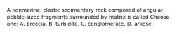 A nonmarine, clastic sedimentary rock composed of angular, pebble-sized fragments surrounded by matrix is called Choose one: A. breccia. B. turbidite. C. conglomerate. D. arkose.