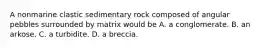 A nonmarine clastic sedimentary rock composed of angular pebbles surrounded by matrix would be A. a conglomerate. B. an arkose. C. a turbidite. D. a breccia.