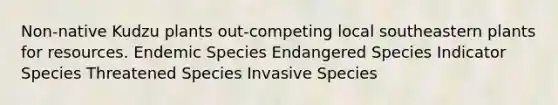 Non-native Kudzu plants out-competing local southeastern plants for resources. Endemic Species Endangered Species Indicator Species Threatened Species Invasive Species