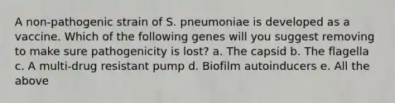 A non-pathogenic strain of S. pneumoniae is developed as a vaccine. Which of the following genes will you suggest removing to make sure pathogenicity is lost? a. The capsid b. The flagella c. A multi-drug resistant pump d. Biofilm autoinducers e. All the above