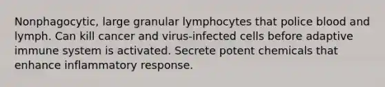 Nonphagocytic, large granular lymphocytes that police blood and lymph. Can kill cancer and virus-infected cells before adaptive immune system is activated. Secrete potent chemicals that enhance inflammatory response.