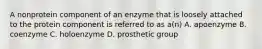 A nonprotein component of an enzyme that is loosely attached to the protein component is referred to as a(n) A. apoenzyme B. coenzyme C. holoenzyme D. prosthetic group