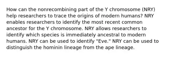 How can the nonrecombining part of the Y chromosome (NRY) help researchers to trace the origins of modern humans? NRY enables researchers to identify the most recent common ancestor for the Y chromosome. NRY allows researchers to identify which species is immediately ancestral to modern humans. NRY can be used to identify "Eve." NRY can be used to distinguish the hominin lineage from the ape lineage.