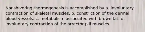 Nonshivering thermogenesis is accomplished by a. involuntary contraction of skeletal muscles. b. constriction of the dermal blood vessels. c. metabolism associated with brown fat. d. involuntary contraction of the arrector pili muscles.