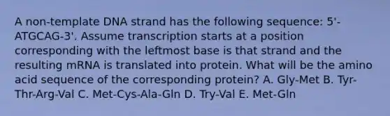 A non-template DNA strand has the following sequence: 5'-ATGCAG-3'. Assume transcription starts at a position corresponding with the leftmost base is that strand and the resulting mRNA is translated into protein. What will be the amino acid sequence of the corresponding protein? A. Gly-Met B. Tyr-Thr-Arg-Val C. Met-Cys-Ala-Gln D. Try-Val E. Met-Gln