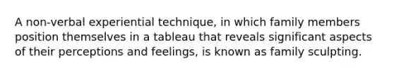 A non-verbal experiential technique, in which family members position themselves in a tableau that reveals significant aspects of their perceptions and feelings, is known as family sculpting.