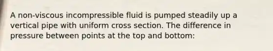 A non-viscous incompressible fluid is pumped steadily up a vertical pipe with uniform cross section. The difference in pressure between points at the top and bottom: