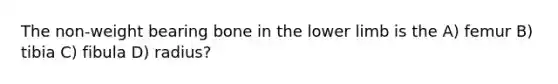 The non-weight bearing bone in the lower limb is the A) femur B) tibia C) fibula D) radius?