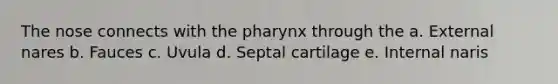 The nose connects with the pharynx through the a. External nares b. Fauces c. Uvula d. Septal cartilage e. Internal naris